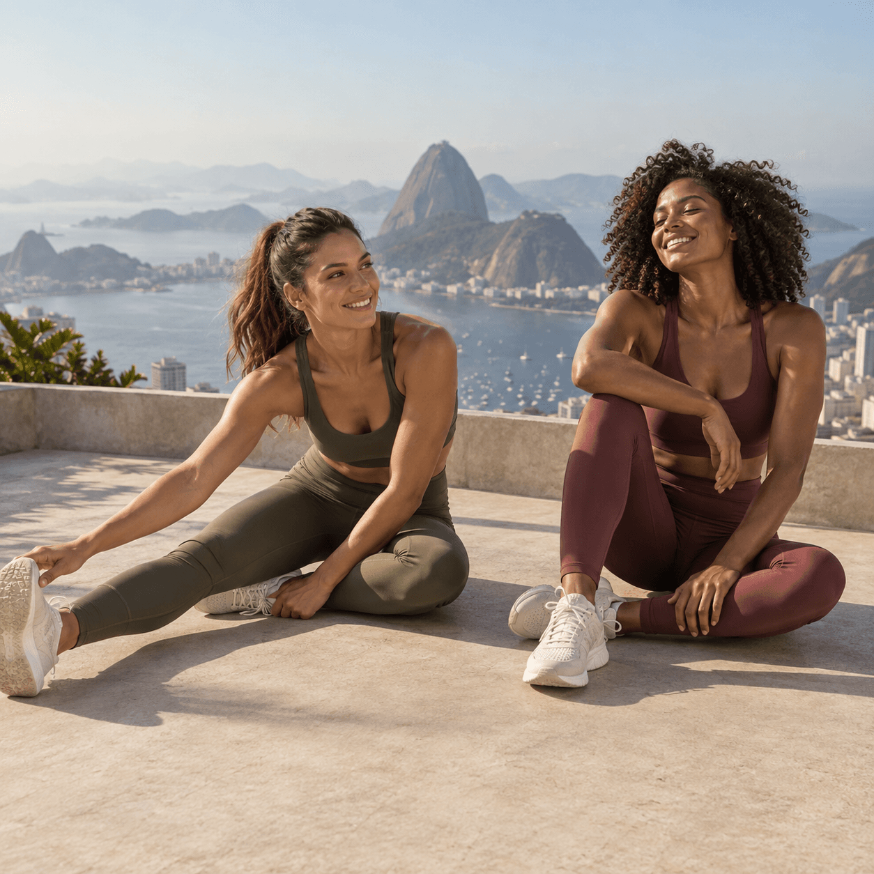 Two women in olive and burgundy activewear stretching outdoors