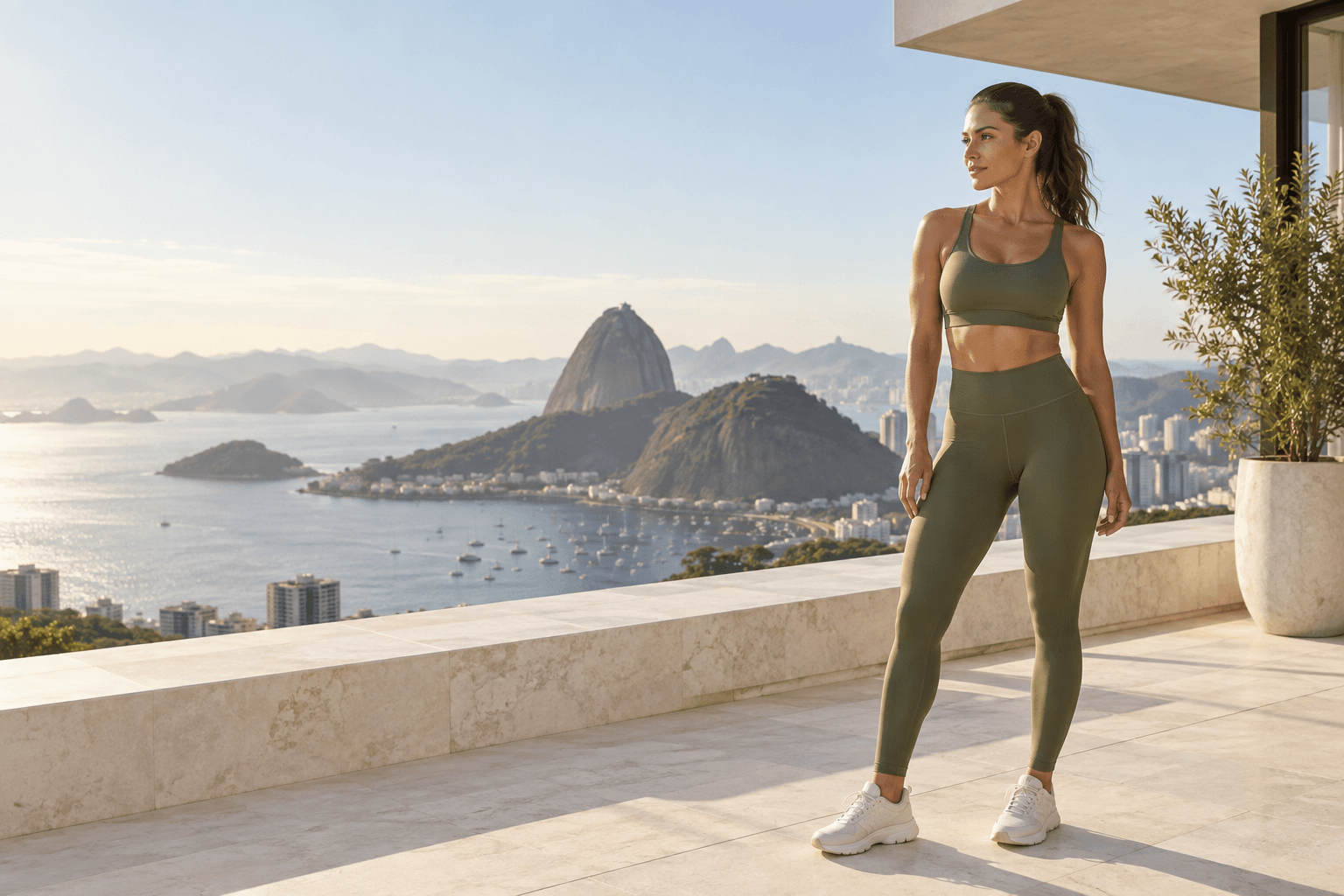 Woman in olive activewear on a balcony overlooking Rio